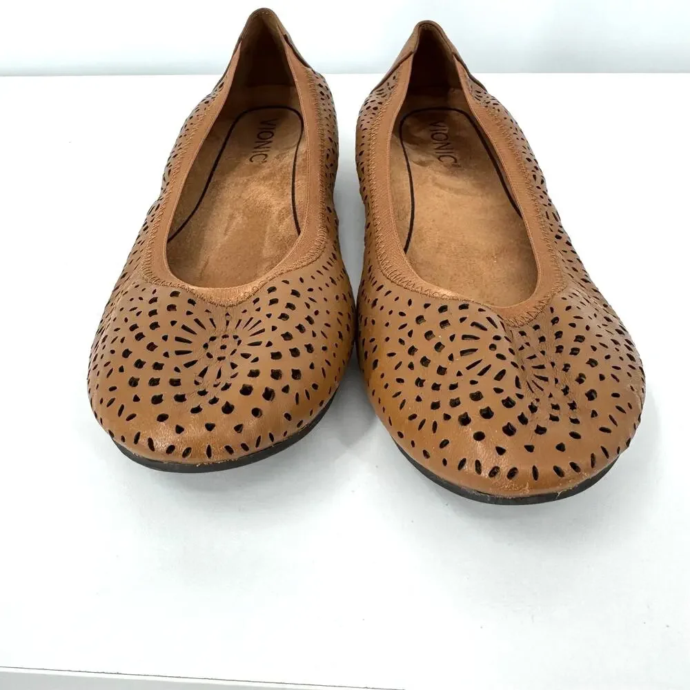 Vionic Robyn Perforated Ballet Flats Shoes 7 Brown Leather Comfort Casual Boho